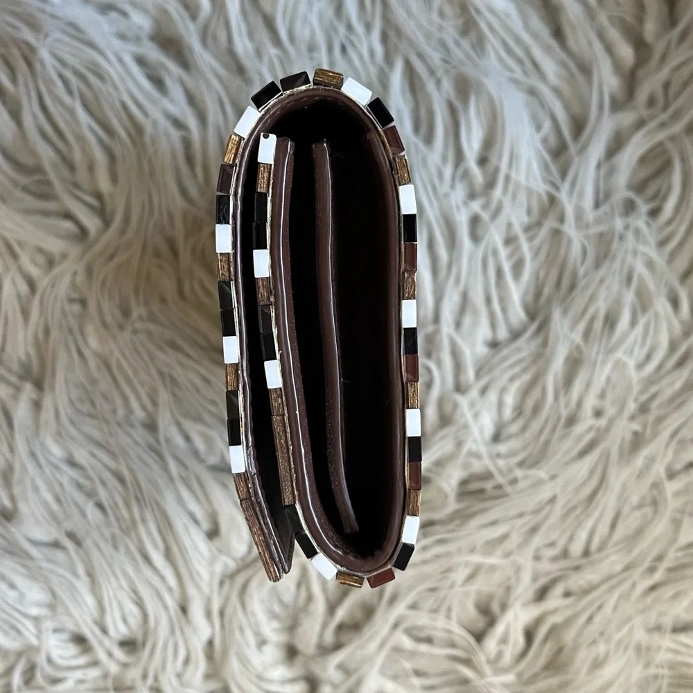Tory Burch Reyna Multicolor Block Resin Brown Wood Striped Glossy Clutch Bag OS